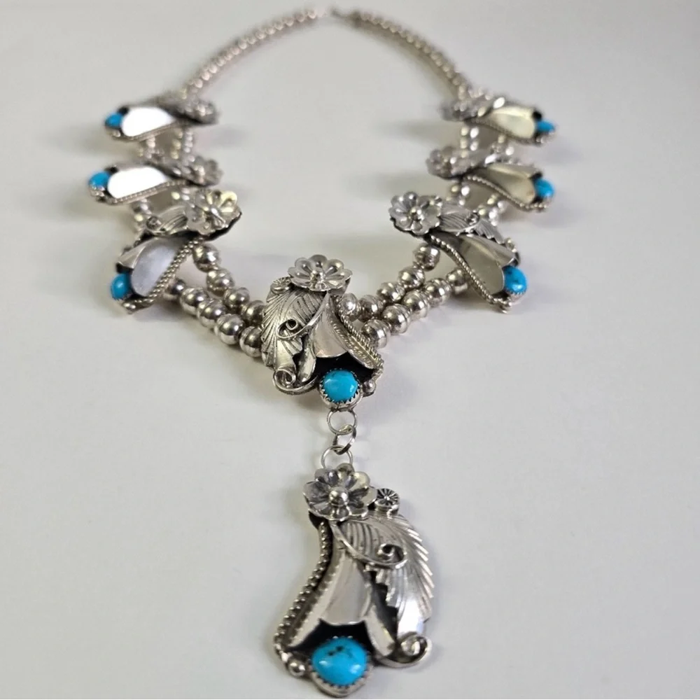 Sterling Silver 925 and Turquoise Floral Squash Blossom Necklace - Picture 9 of 16